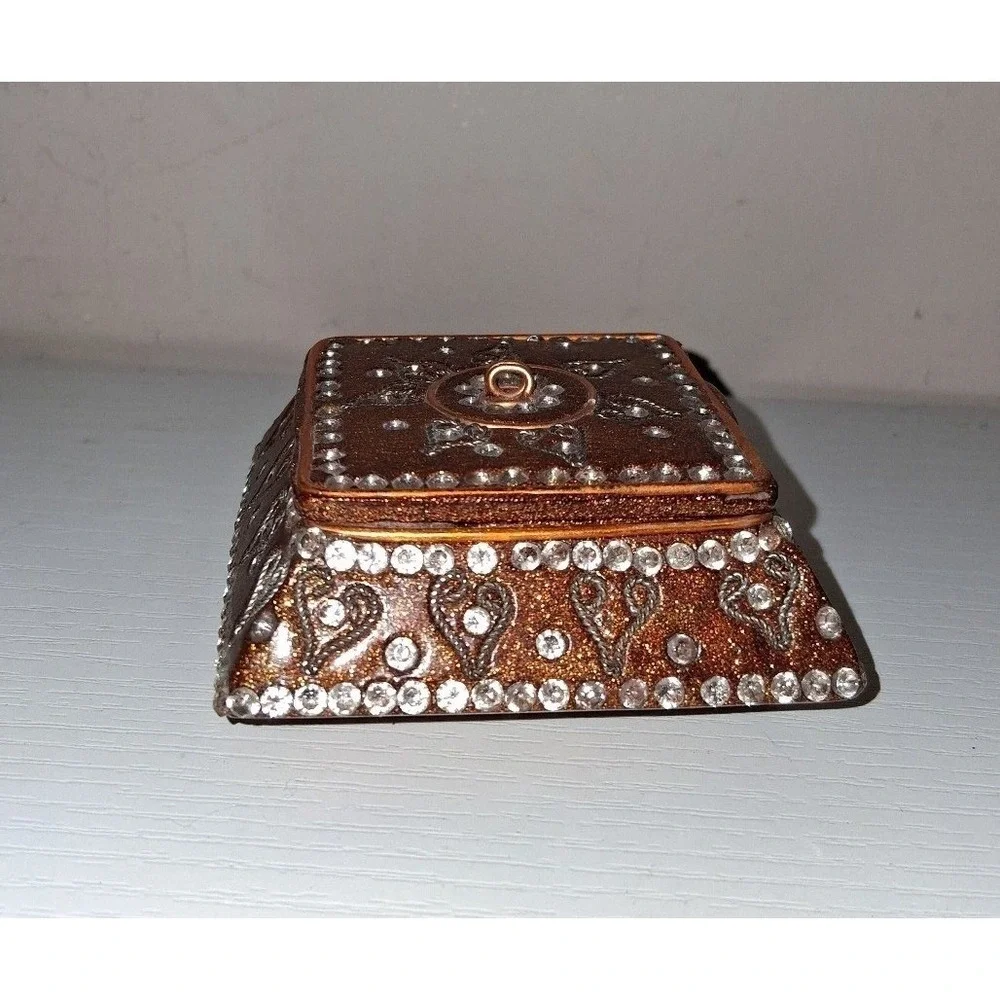 Decorative Bronze Glitter Trinket Box Jeweled Hinged Lid Boho Box 3